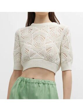 Loulou Studio Jaro Crochet Cropped Top Sweater Off White Cotton Size XS